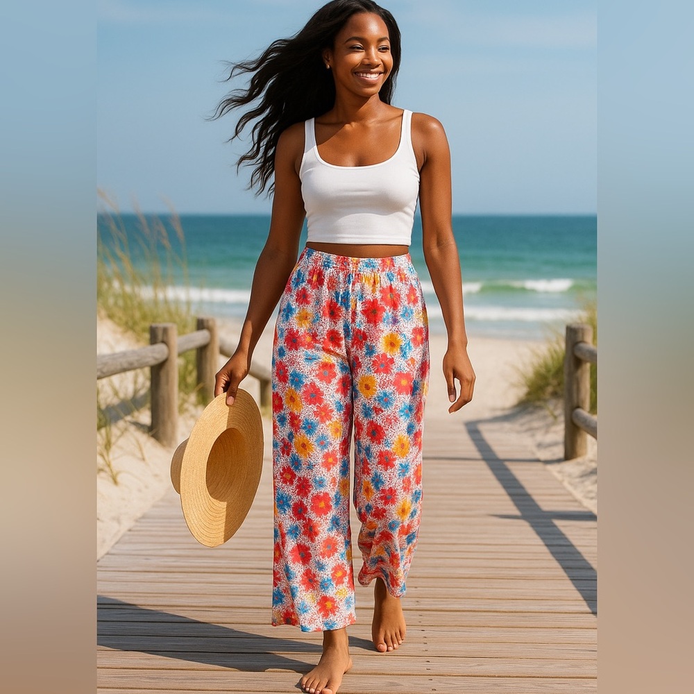 Bloom & Breeze Wide-Leg Floral Pants – Vibrant Summer Loungewear